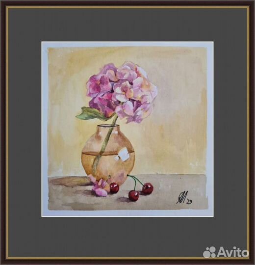 Картина, цветы в вазе и вишня, акварель