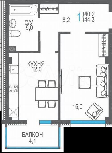 1-к. квартира, 44,3 м², 1/9 эт.