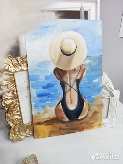 Картина девушка пляж море масло холст живопись