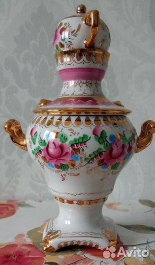Фарфоровый сувенирный самовар с чайником Гжель, СС
