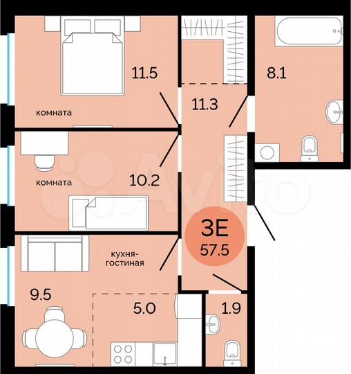 3-к. квартира, 57,5 м², 8/17 эт.