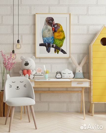 Картина с птицами попугаями акварелью 20x25 см