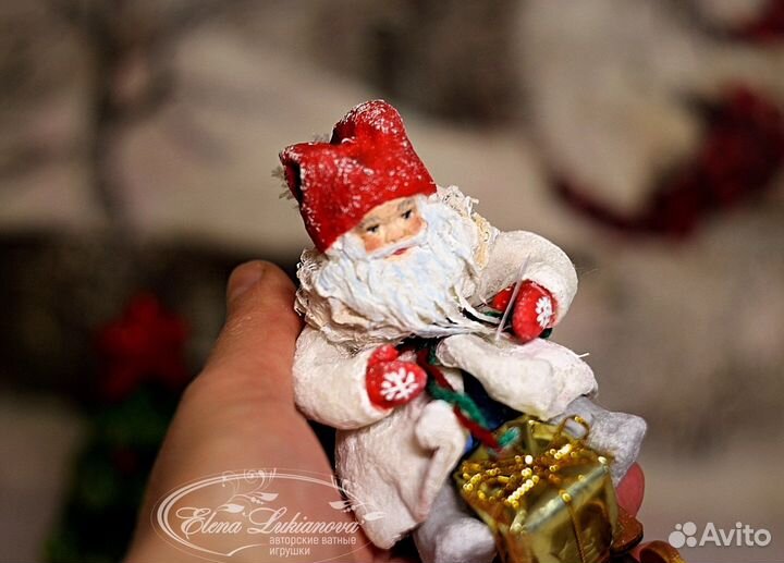 Ватная игрушка Дед Мороз на санях