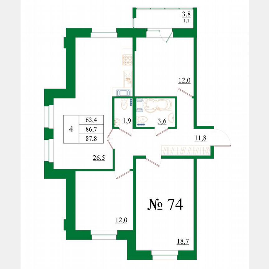 4-к. квартира, 87,8 м², 1/8 эт.