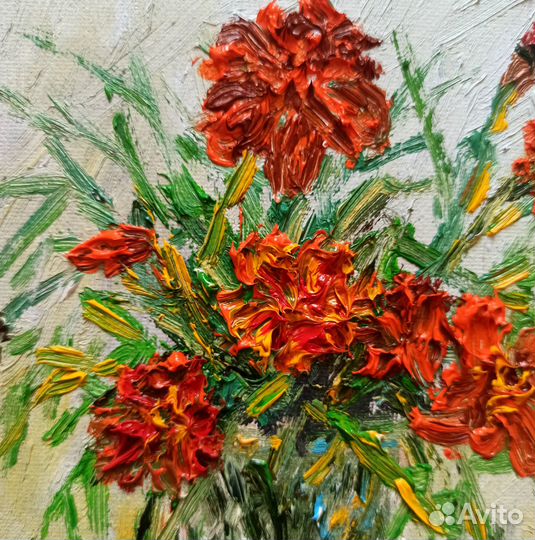 Картина маслом Бархатцы в хрустальной вазе