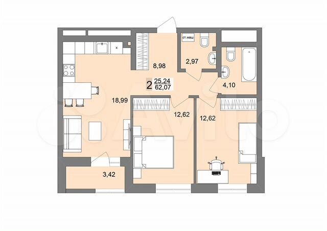 2-к. квартира, 60,7 м², 23/26 эт.