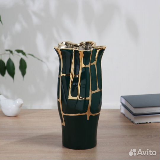 Керамическая ваза для цветов, сухоцветов 'Бенце' сетка, настольная, 26.5x12 см, зелёный