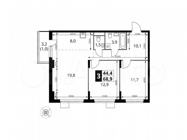 3-к. квартира, 68,9 м², 5/24 эт.