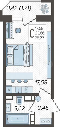 Квартира-студия, 25,4 м², 18/25 эт.