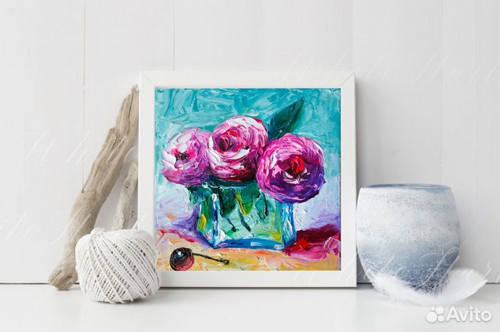 Картина маслом розы в вазе
