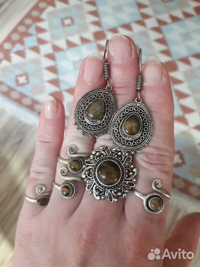 Комплект серьги и кольцо Тигровый глаз Индия