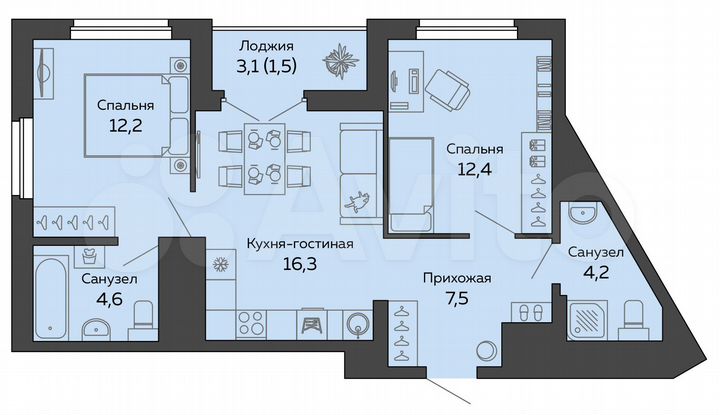2-к. квартира, 58,7 м², 12/25 эт.