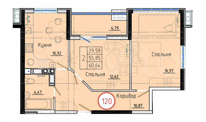 2-к. квартира, 60,6 м², 2/8 эт.