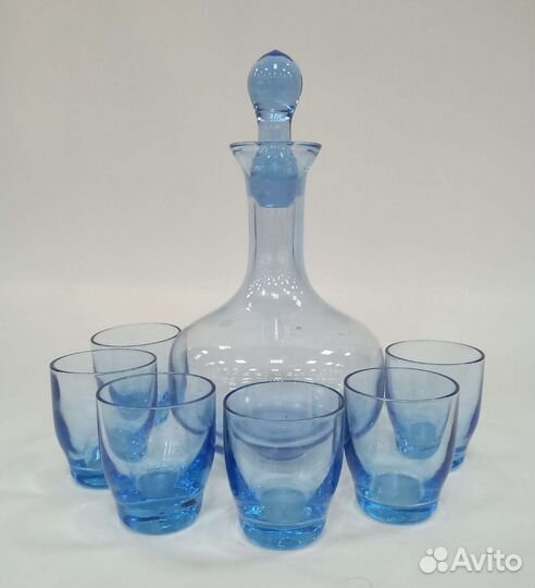 Штоф и 6 стопок, голубое стекло