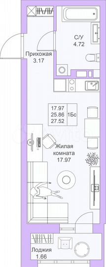 Квартира-студия, 27,5 м², 16/25 эт.