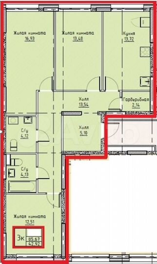 3-к. квартира, 85,4 м², 2/25 эт.
