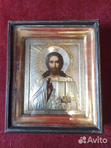 Икона старинная в серебряном окладе, киот