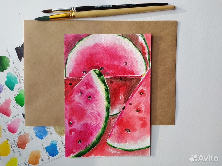 Акварельная открытка. Арбузы. А5