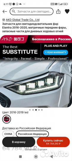 Фары передние комплект на хёндай элантра 6ad
