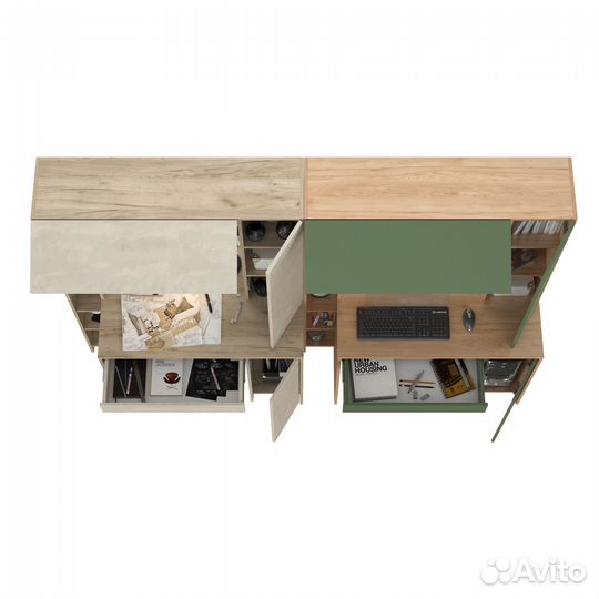 Два стола с надстройкой Mobi Комфорт 12.71 цвет кр.серый/шёлк.камень/гикори/дым.зеленый