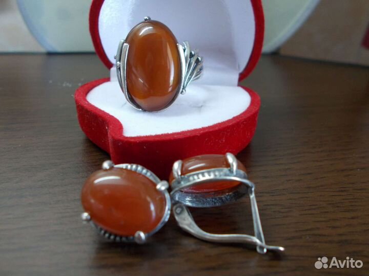 Серьги и кольцо мельхиор с сердоликом