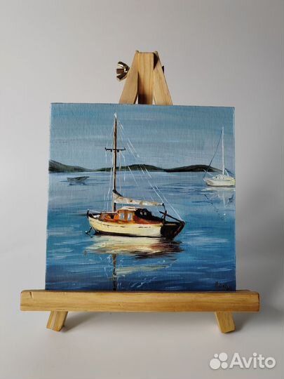 Картина морской пейзаж лодка на море 15х15 см