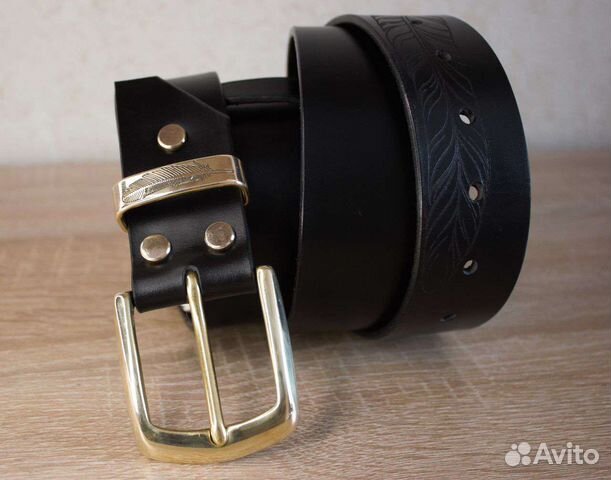 Мужской ремень чёрный кожаный ручной работы
