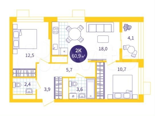 2-к. квартира, 60,9 м², 10/18 эт.