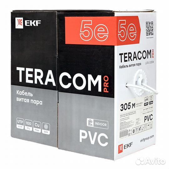 Кабель витая пара U/UTP кат.5E 4 пары 24 AWG solid PVC сер. teracom PRO PRO EKF TRP-5eutp-04PVC-GY-I