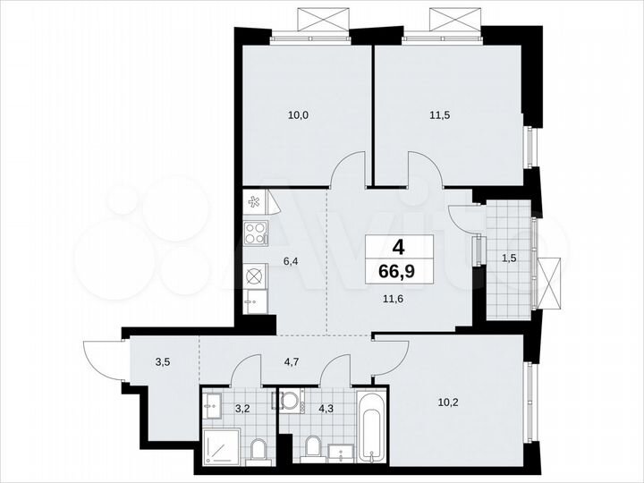 4-к. квартира, 66,9 м², 13/23 эт.