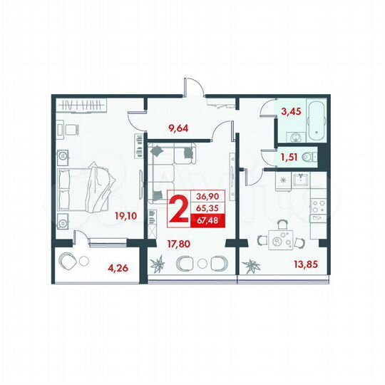 2-к. квартира, 67,5 м², 6/10 эт.