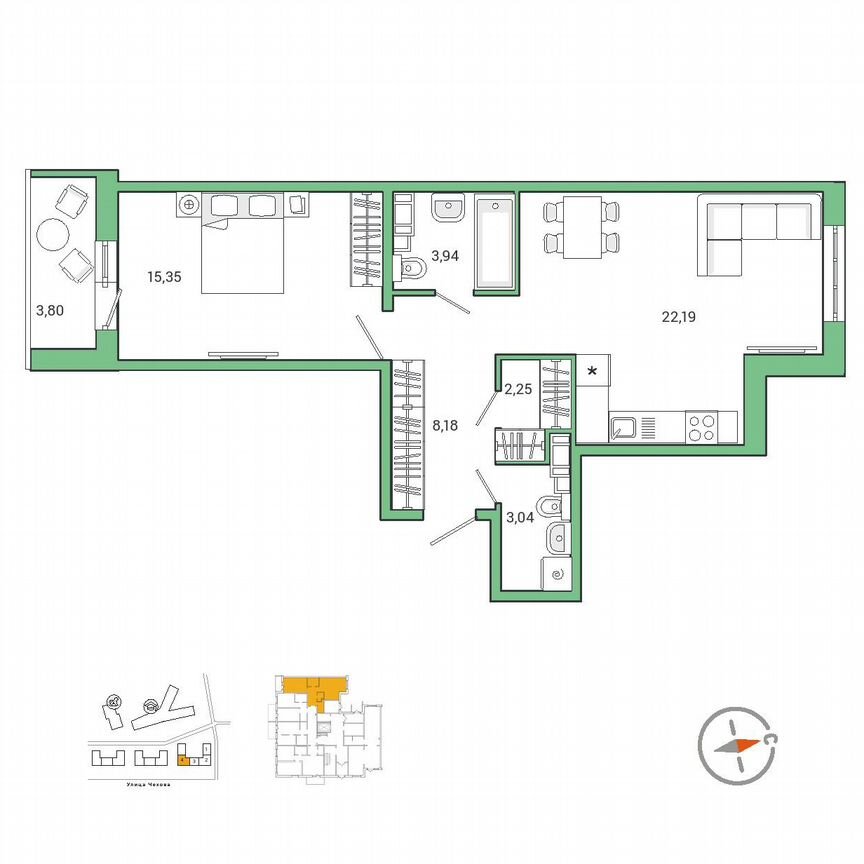 1-к. квартира, 57,1 м², 1/9 эт.