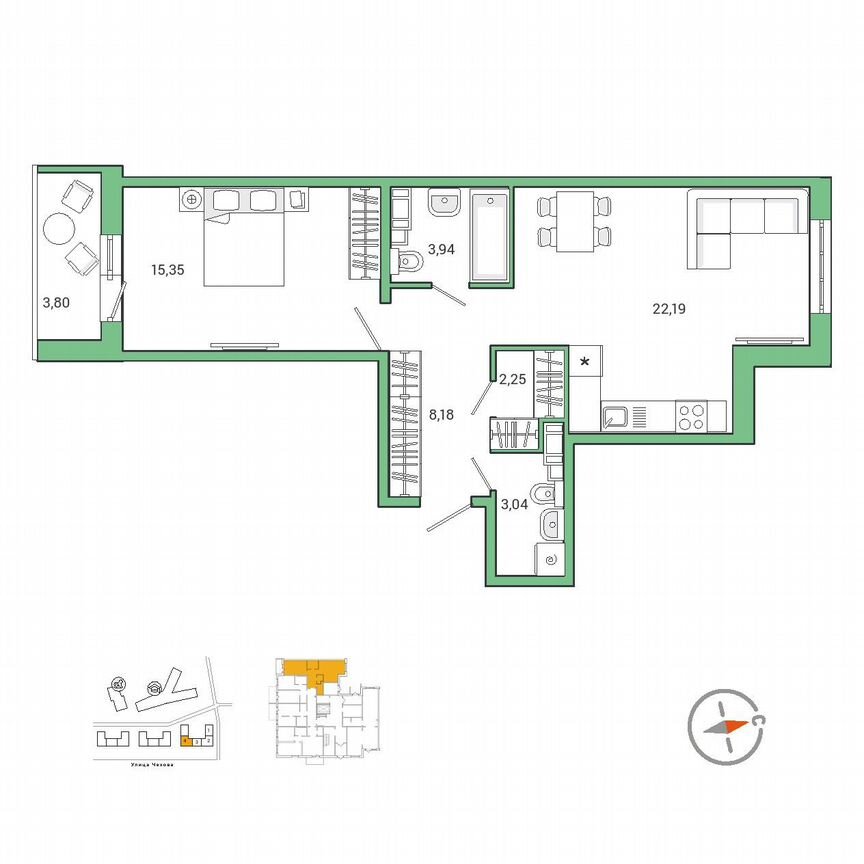 1-к. квартира, 57,1 м², 1/9 эт.