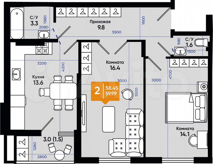 2-к. квартира, 60 м², 4/9 эт.