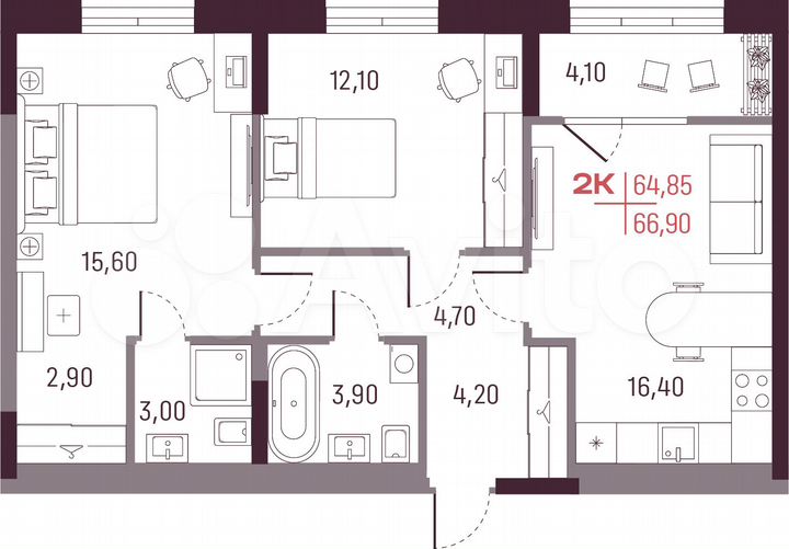 2-к. квартира, 64,9 м², 10/25 эт.
