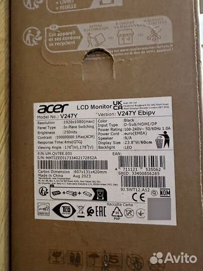 Монитор Acer Vero черный 100Hz 1920x1080 IPS