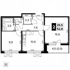 2-к. квартира, 52,8 м², 13/14 эт.