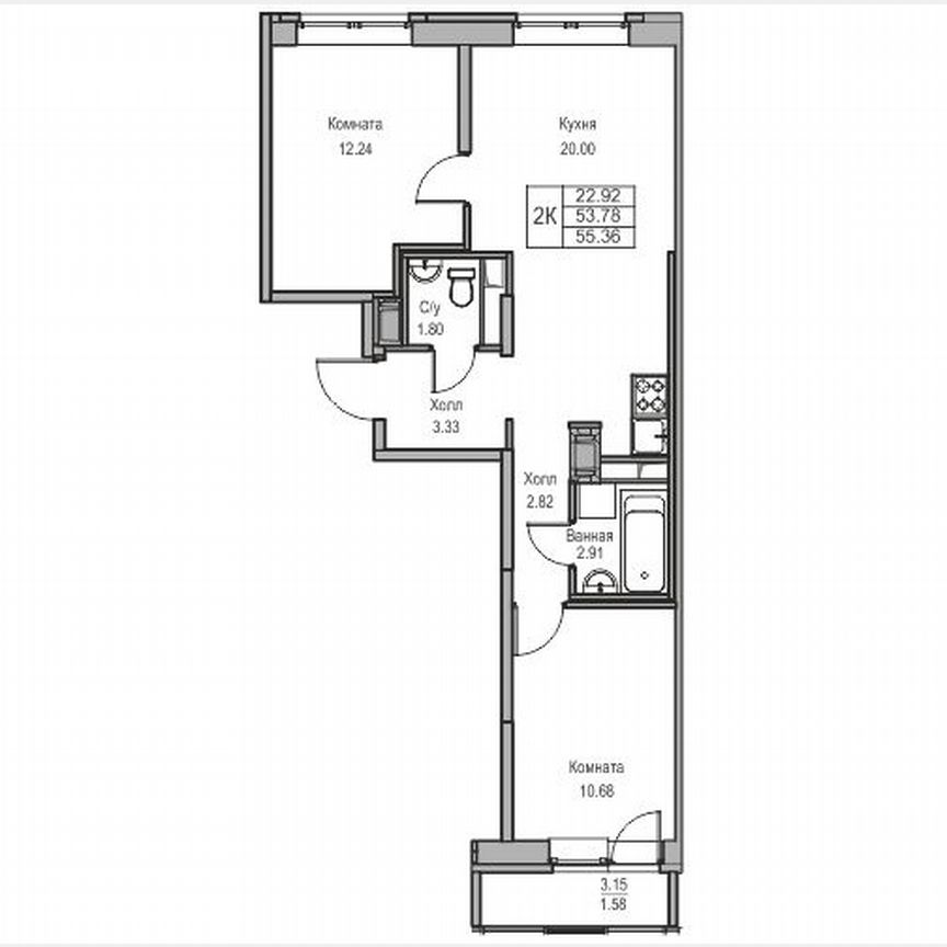 2-к. квартира, 55,4 м², 3/23 эт.