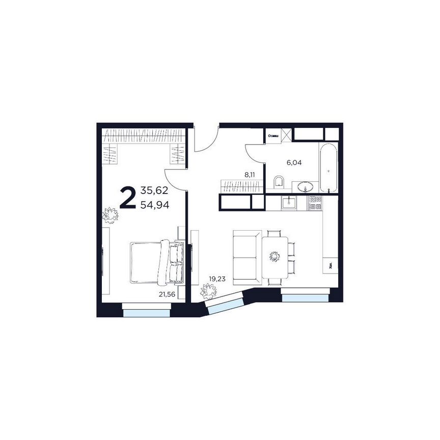 2-к. квартира, 55 м², 2/15 эт.