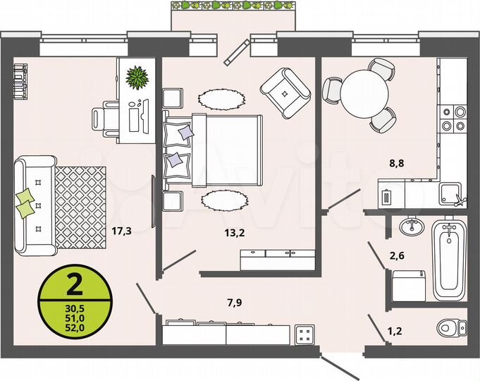 2-к. квартира, 51 м², 3/3 эт.