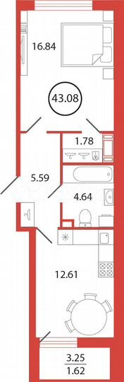 1-к. квартира, 43,1 м², 6/12 эт.