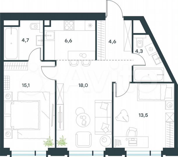 3-к. квартира, 66,8 м², 13/19 эт.