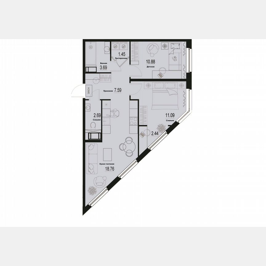 2-к. квартира, 58,6 м², 2/12 эт.