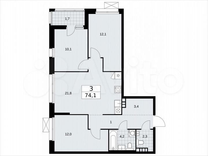 3-к. квартира, 74,1 м², 7/12 эт.