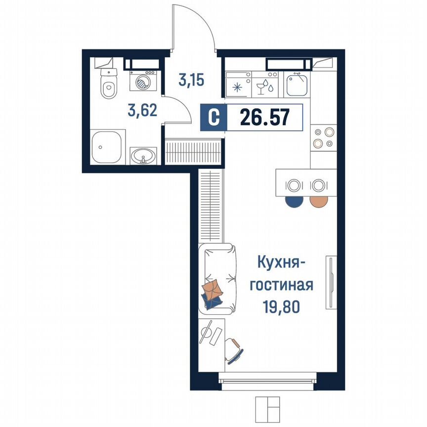 Квартира-студия, 26,6 м², 16/18 эт.