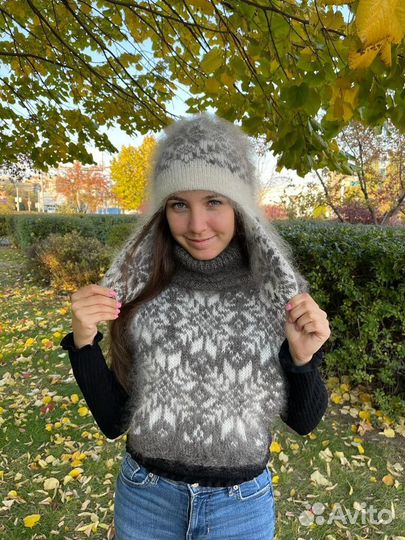 Шапка ушанка пуховая двойная вязаная Козий пух