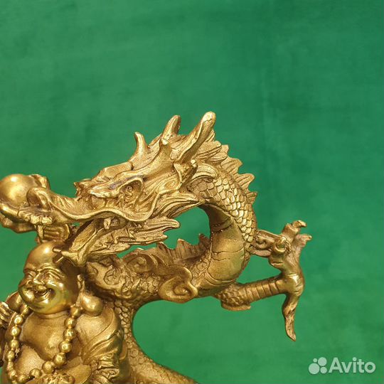 Бронзовая статуэтка Фен-шуй Хотей на драконе