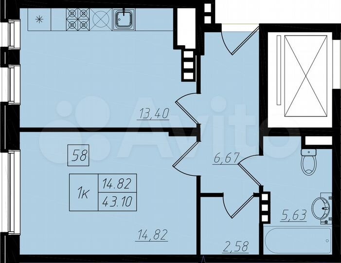 1-к. квартира, 43,1 м², 3/4 эт.