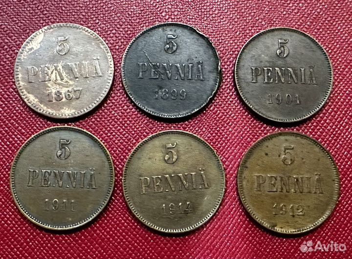 1, 5, 25, 50 pennia, 1 markka Финляндия
