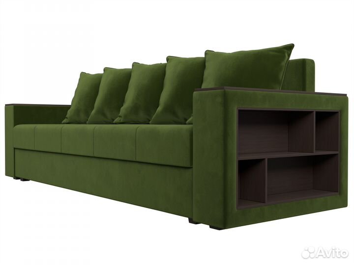 Диван прямой Дубай Лайт полки справа, микровельвет, зеленый